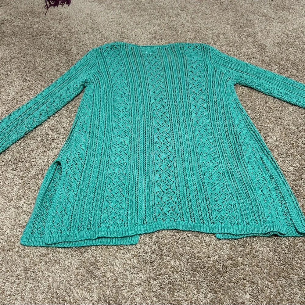 Skye’s The Limit Teal Cardigan Open Front Crochet